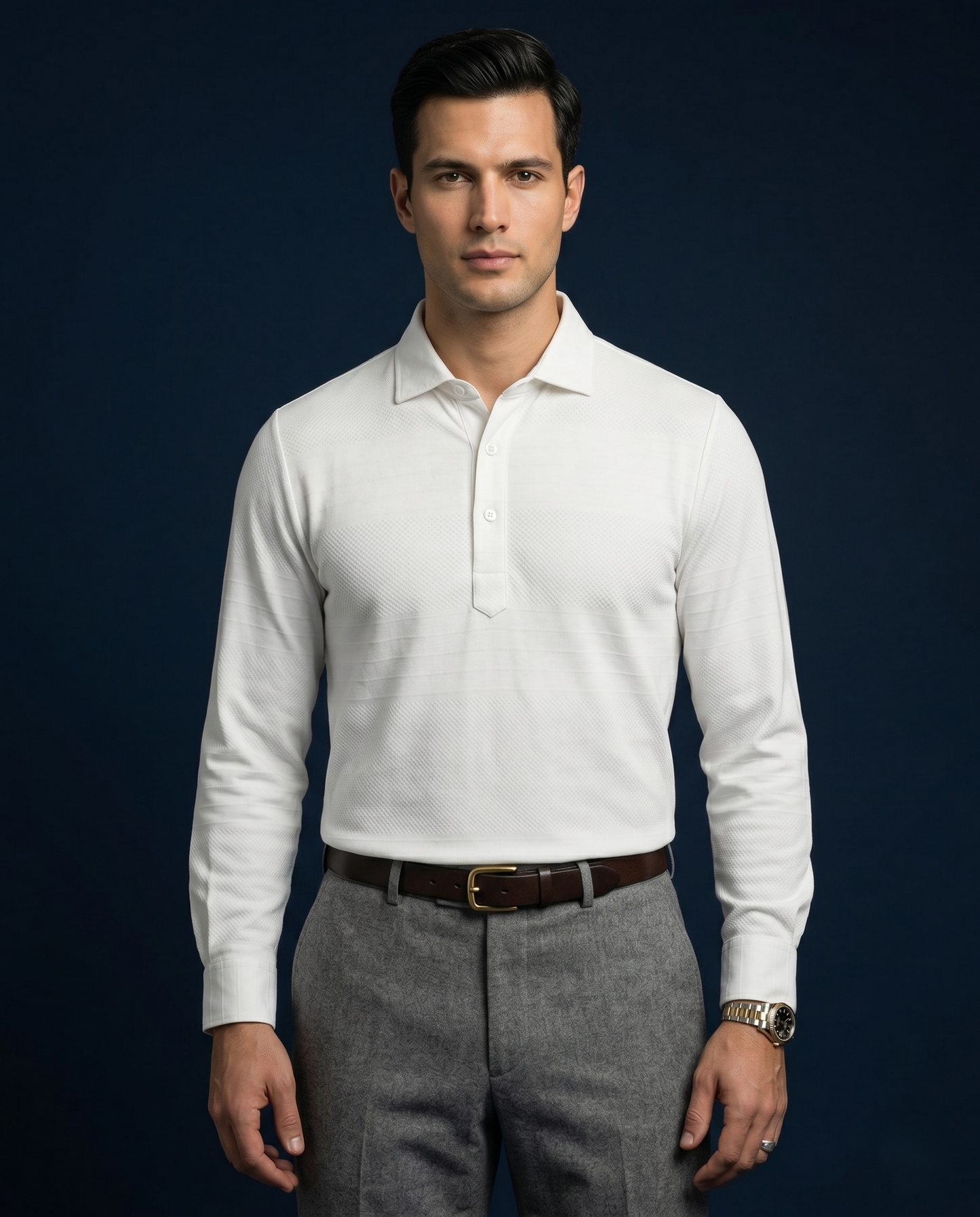 Scotland Yard White Jaquard Long Sleeves Polo