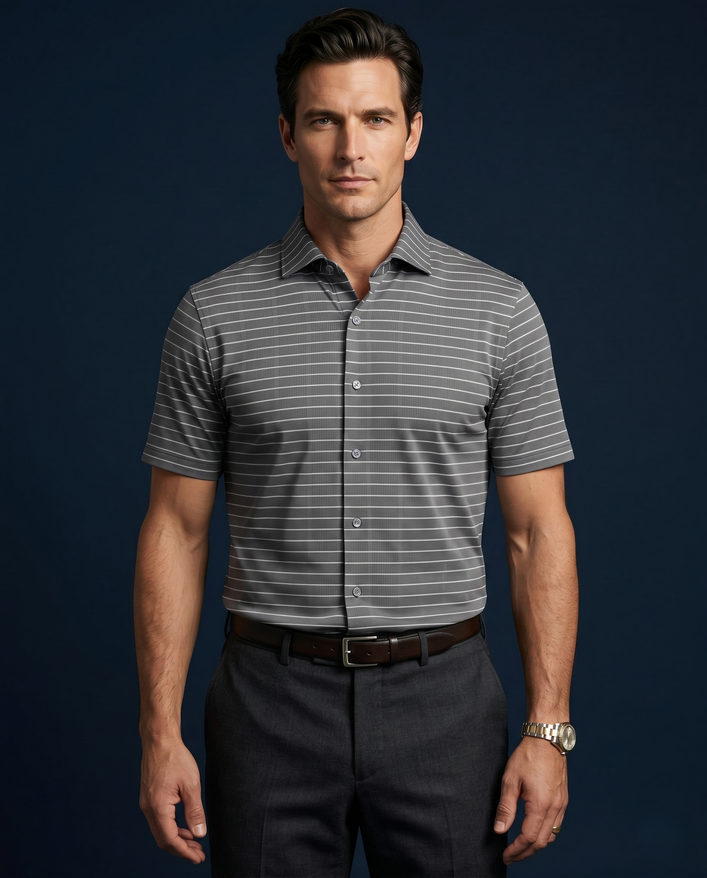 Prestige Classic Grey Green Striped Open Polo Shirt