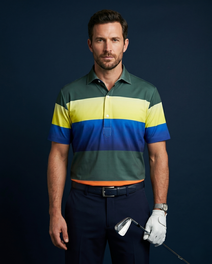 Multi Stripe Five Blocks Green & Yellow Golf Polo