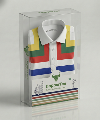 Premium stripe polo in luxury packaging for golf gifting.