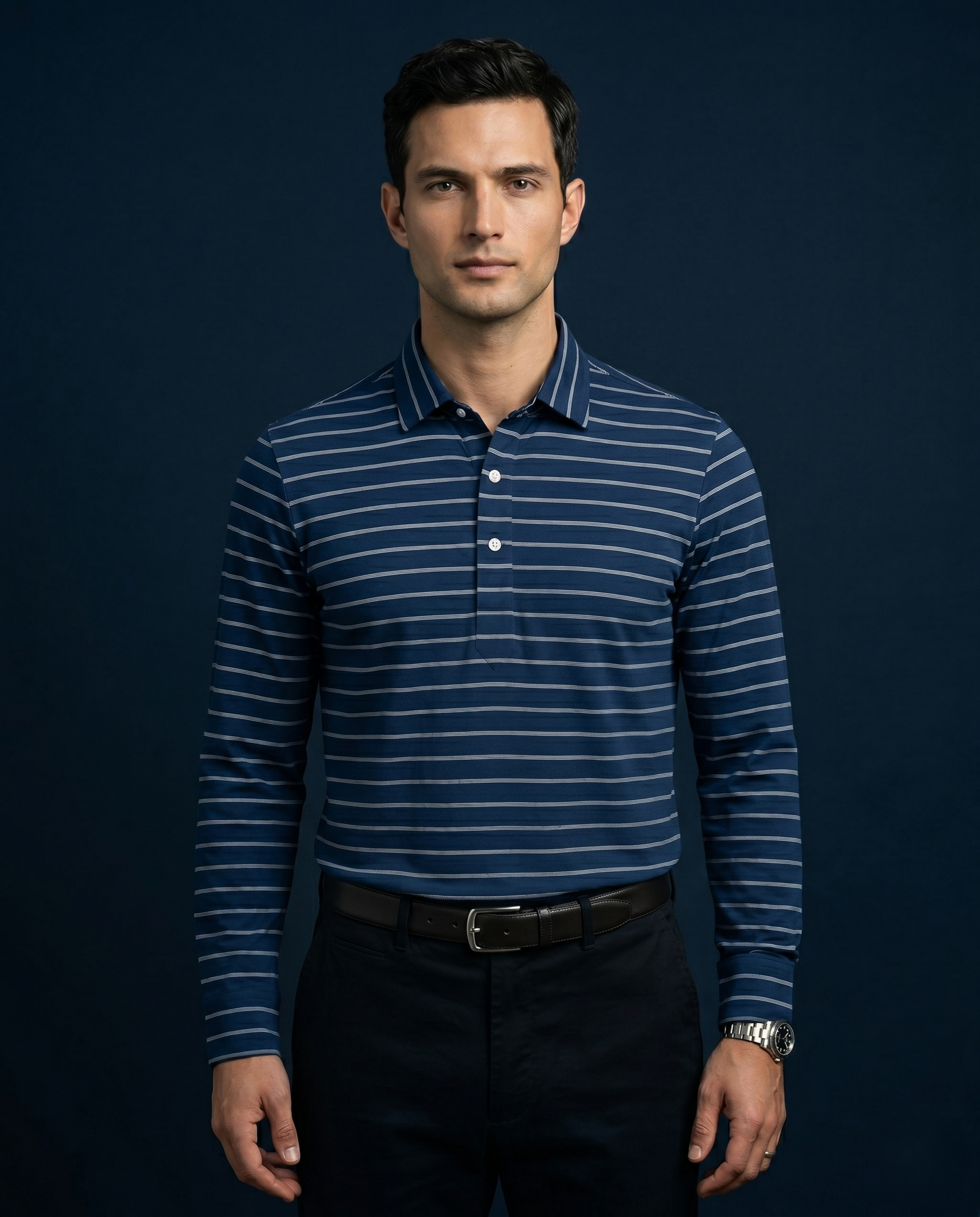 French Navy Stripes Long Sleeves Polo