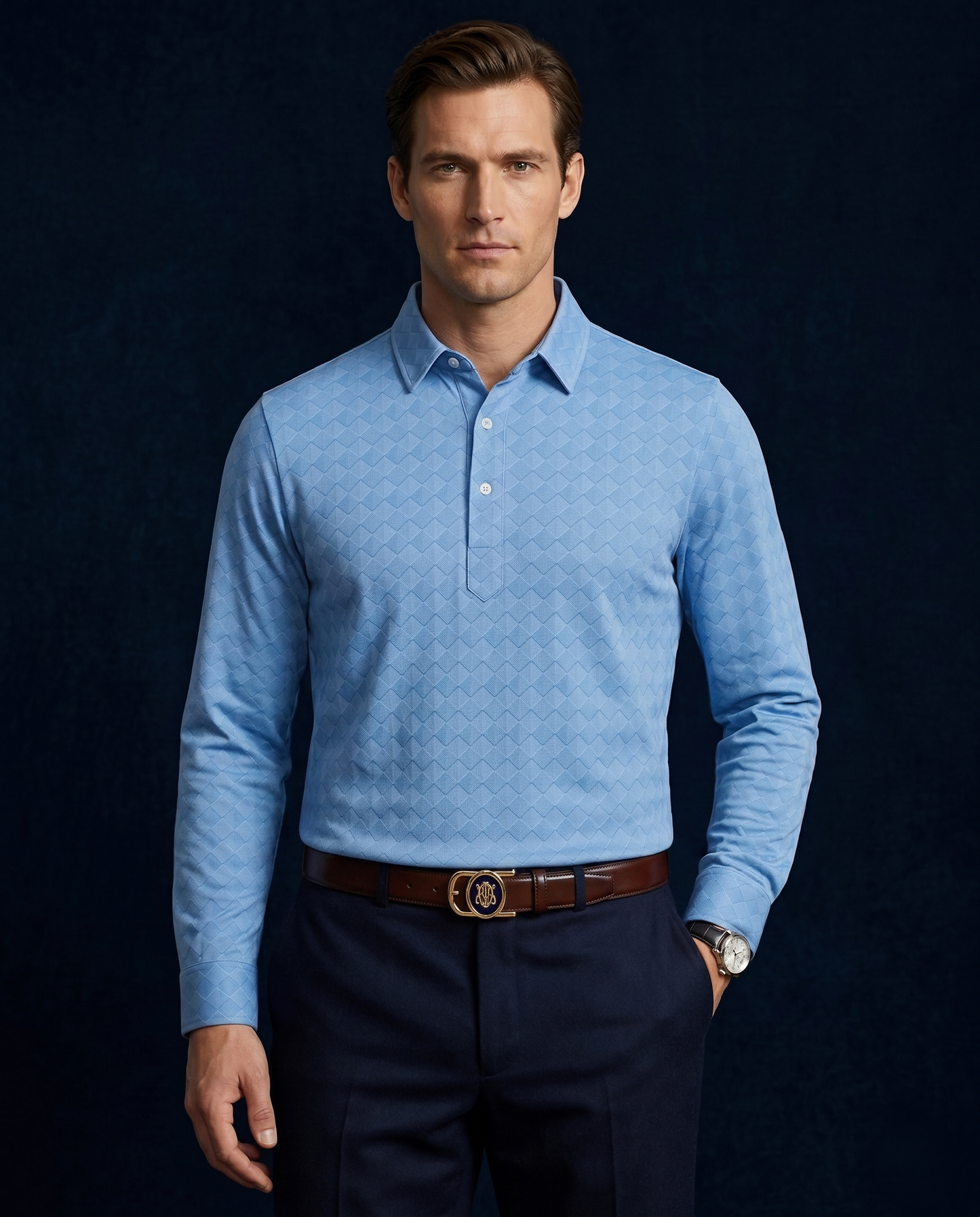 Mediterranean Sea Blue Mosaic Full Sleeve Polo For Office