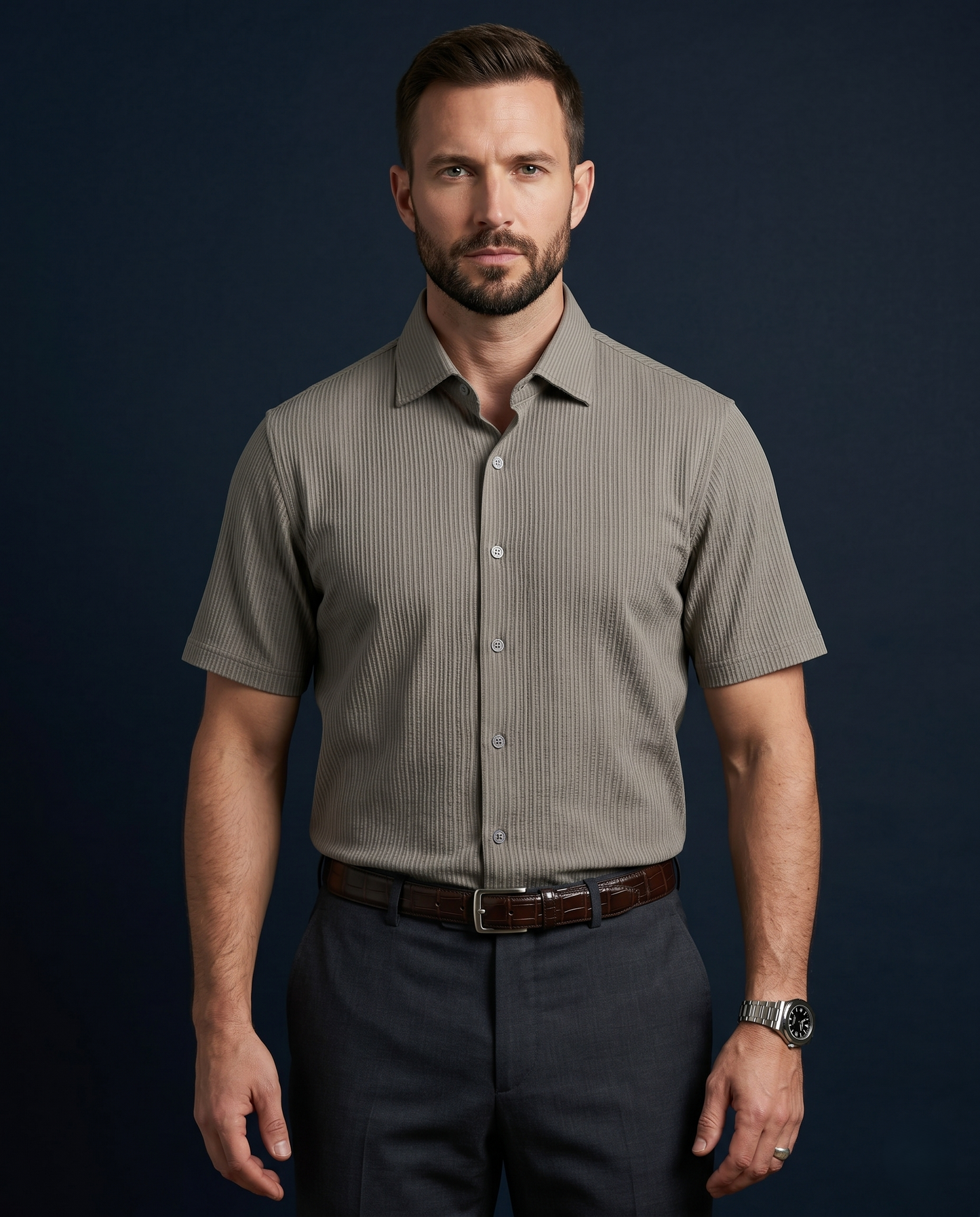 Premium Stripe Jaquard Khaki  DapperTee Open Polo Shirt For Office