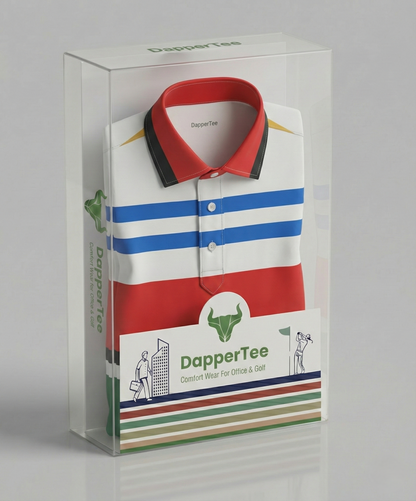 DapperTee American stripe polo in luxury packaging for premium corporate gifting.
