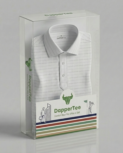 DapperTee premium stripe polo luxury packaging for high-end professional corporate gifting needs.