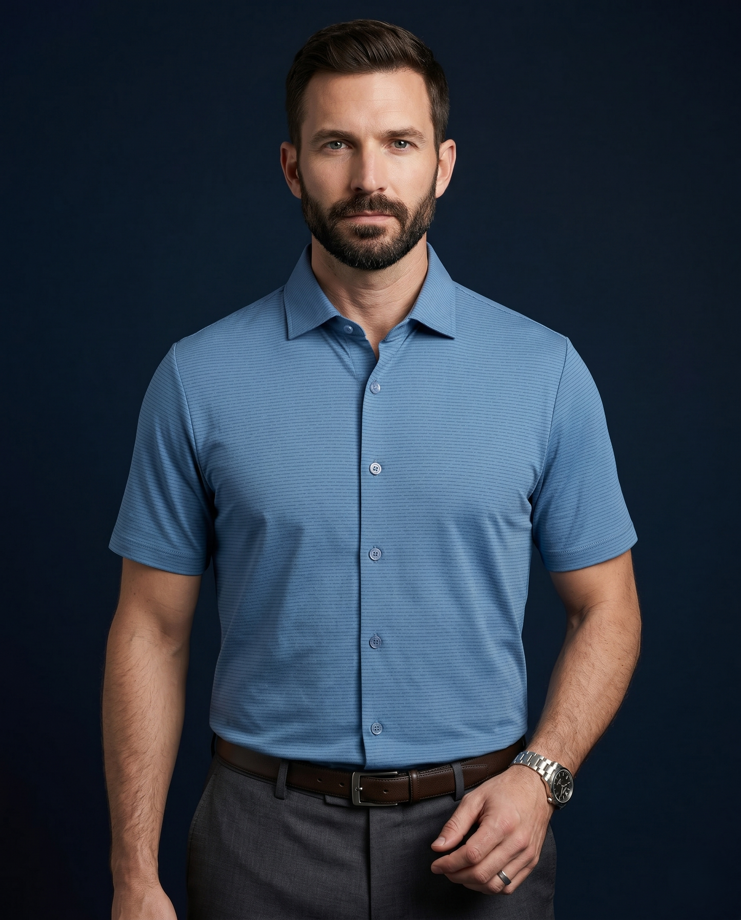 Premium Stripe Jaquard Blue  DapperTee Open Polo Shirt For Office