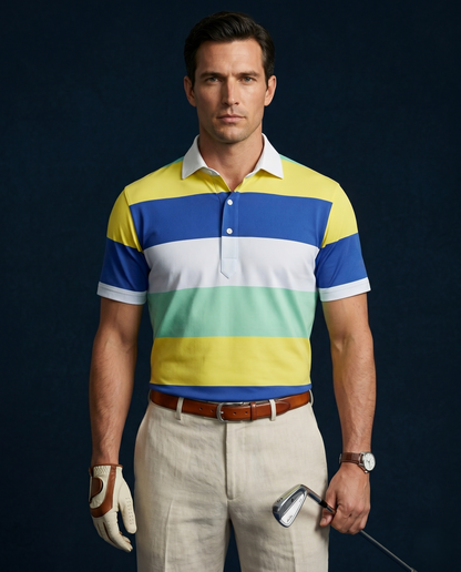 Pure Essential Flex Yellow Blue White Green Polo