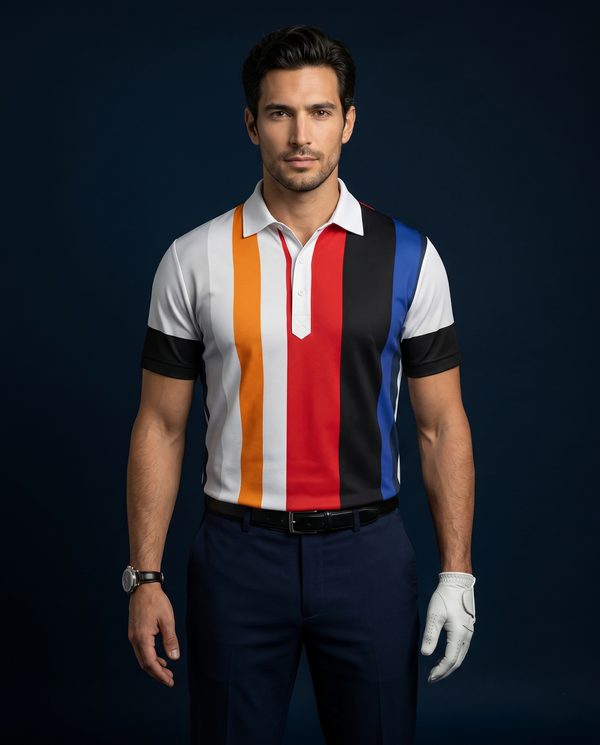 Vertical Blue Black Red Yellow Stripe Print Polo Version 2