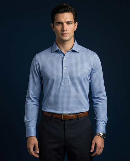 Swede Blue Jaquard Print Long Sleeves Polo