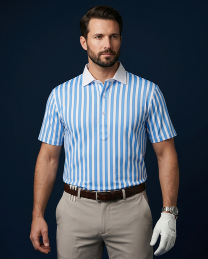 Luxe Blue Stripes Print With White Business Collar Polo
