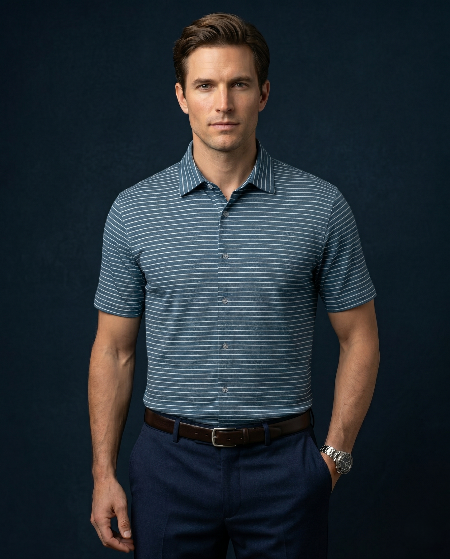 Navy Blue Jaquard White Striper Open Shirt for Office