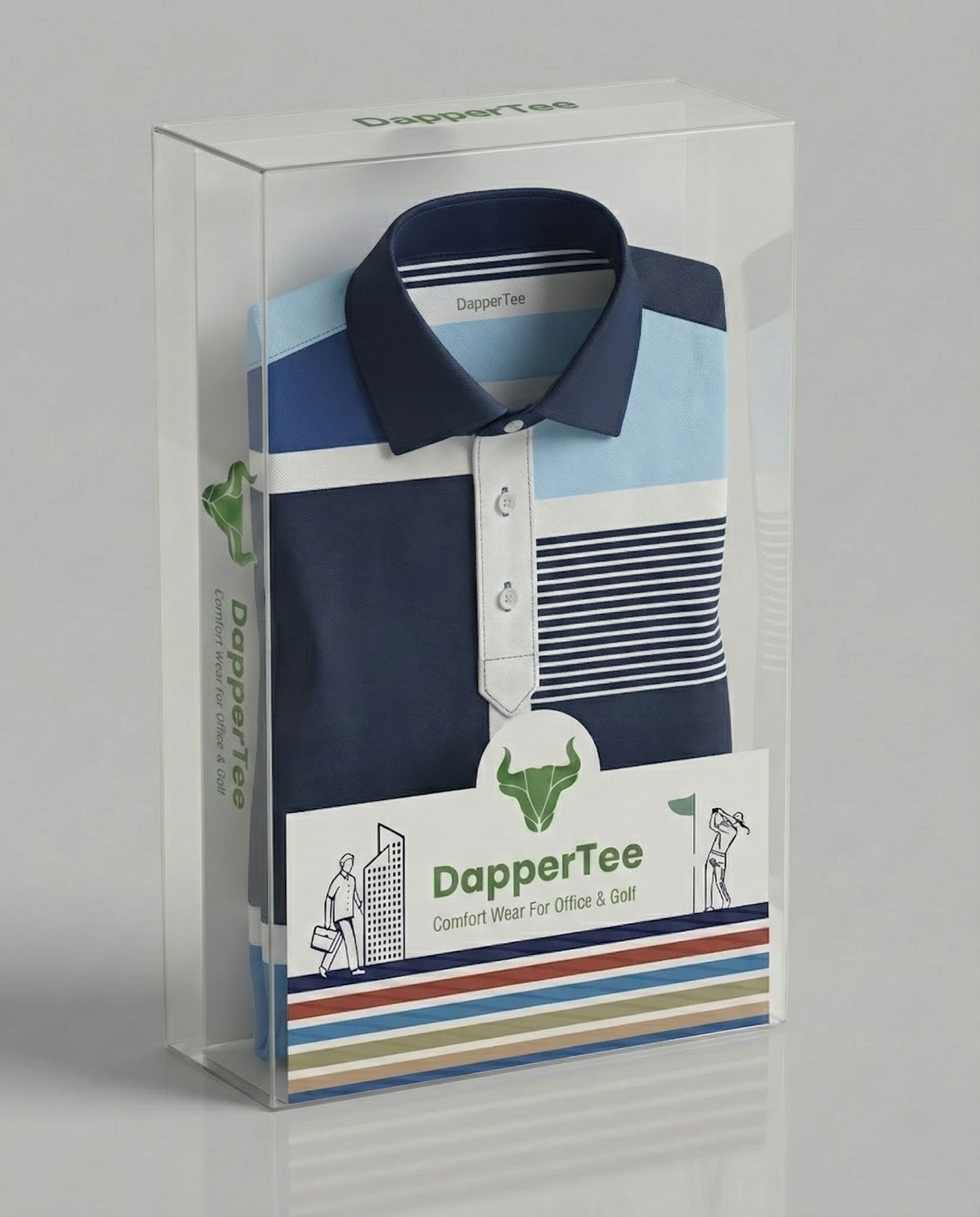 DapperTee True Italian Vertical Horizontal Stripe Design Polo In Blue packaging for premium corporate gifting.