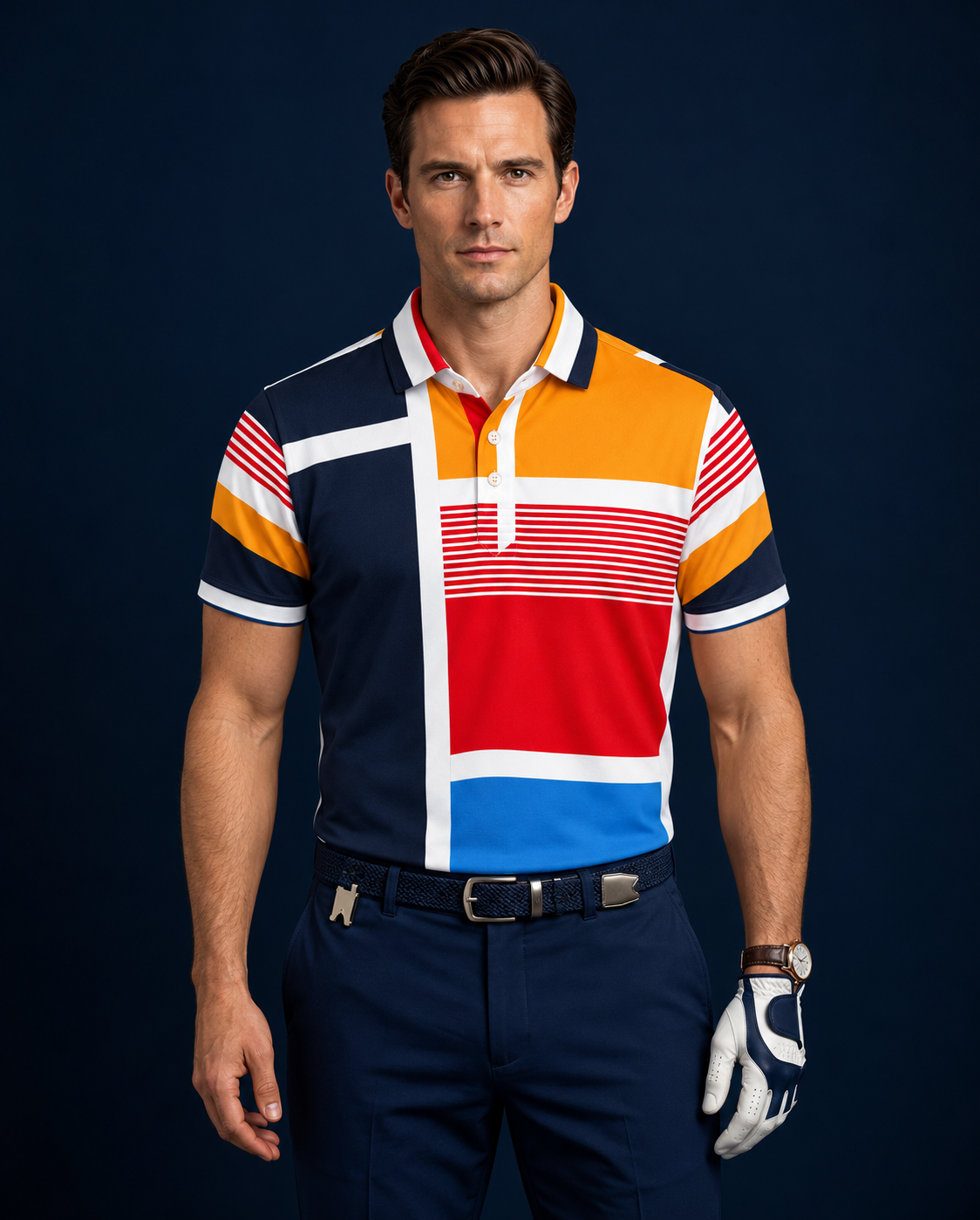 DapperTee colour-block golf polo in navy, amber, red and sky blue, front view.
