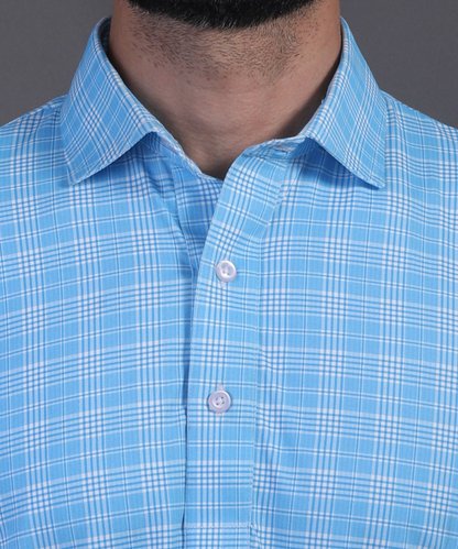 DapperTee blue checks polo highlighting firm collar and professional high-end tailored fit.