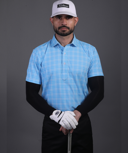 Men's DapperTee blue checks polo breathable polyamide fabric for professional office environments.