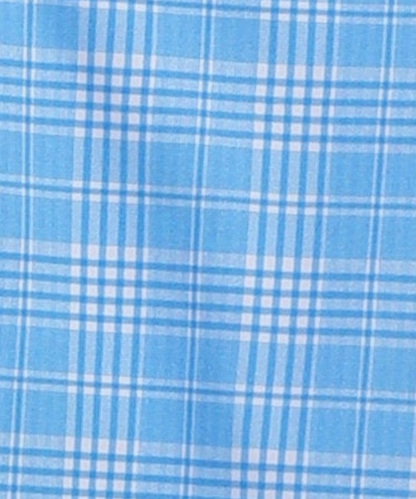 Close-up specialized jacquard checks polyamide fabric texture on DapperTee blue office polo.