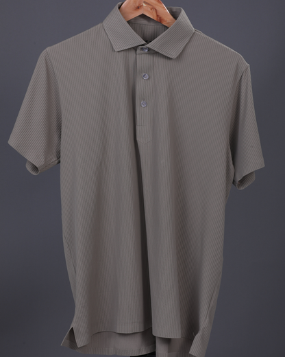 DapperTee khaki striped polo highlighting professional open collar and premium tailored fit.