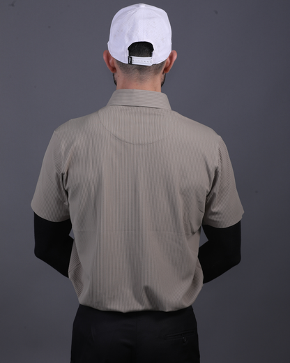 DapperTee khaki striped polo styled for high-end professional environments and corporate leadership.