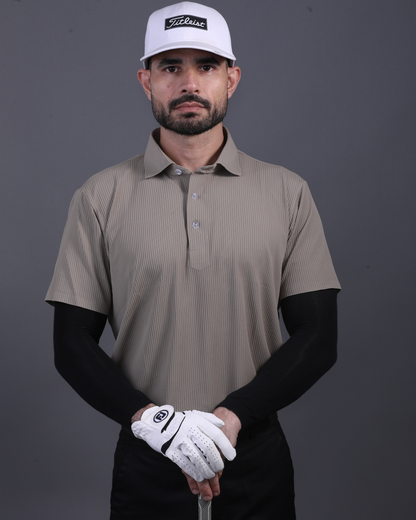 Men's DapperTee khaki striped polo breathable polyamide fabric for professional office environments.