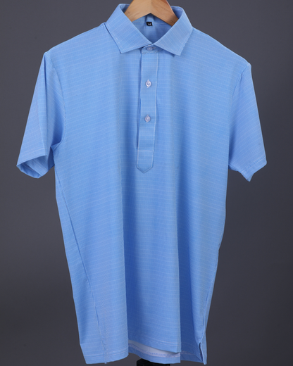 DapperTee blue jacquard polo highlighting professional open collar and premium tailored fit.