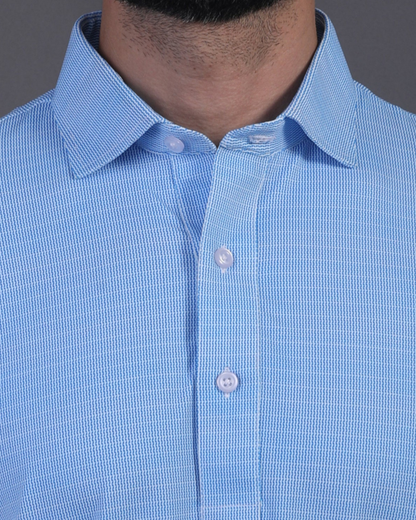 DapperTee blue jacquard polo highlighting firm collar and professional high-end tailored fit.
