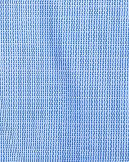 Close-up specialized jacquard knit polyamide fabric texture on DapperTee blue office polo.