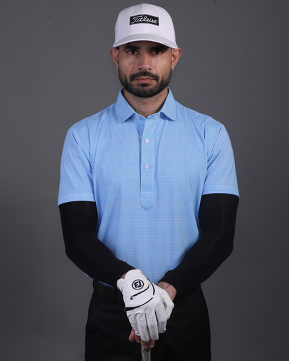 Men's DapperTee blue jacquard polo breathable polyamide fabric for professional office environments.