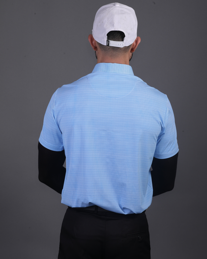 DapperTee blue jacquard polo styled for high-end professional environments and corporate leadership.