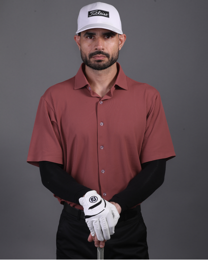 Men's DapperTee brown open polo breathable polyamide fabric for professional office environments.