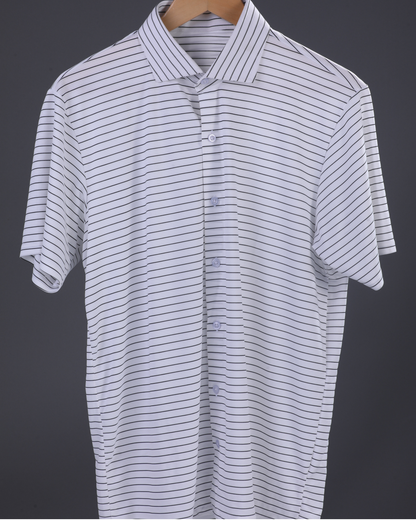 Men's DapperTee striped open polo breathable polyamide fabric for professional office wear.