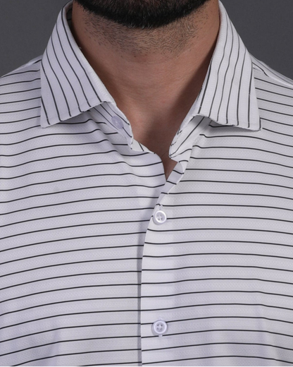 DapperTee white black stripe polo highlighting firm collar and professional tailored fit.