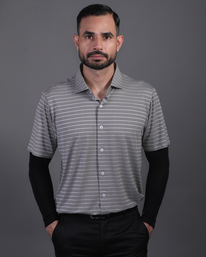 Men's DapperTee striped open polo breathable polyamide fabric for professional office environments.