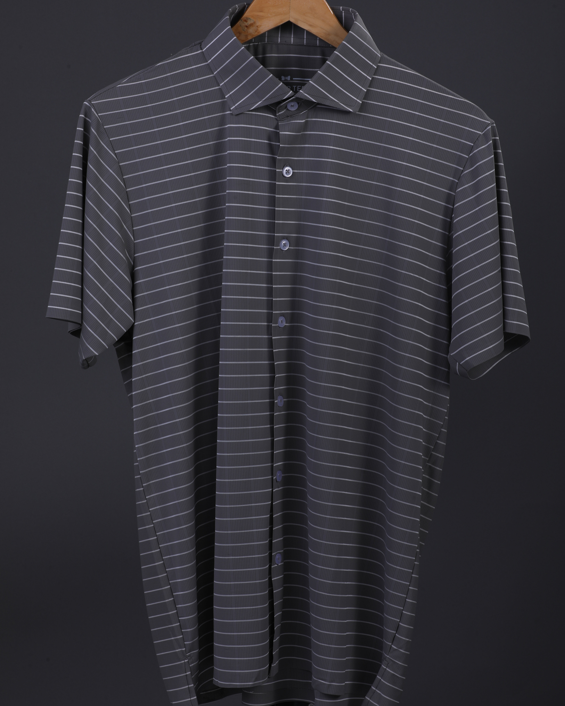 DapperTee striped open polo highlighting professional open collar and premium tailored fit.