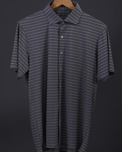 DapperTee striped open polo highlighting professional open collar and premium tailored fit.