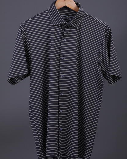 DapperTee striped open polo highlighting professional open collar and premium tailored fit.