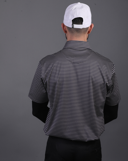 DapperTee black striped polo styled for high-end professional environments and corporate leadership.