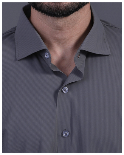 DapperTee charcoal open polo highlighting firm collar and professional high-end tailored fit.