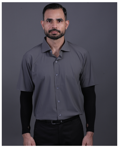 Men's DapperTee charcoal open polo breathable polyamide fabric for professional office environments.