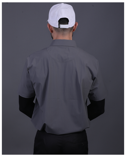 DapperTee charcoal open polo styled for high-end professional environments and corporate leadership.