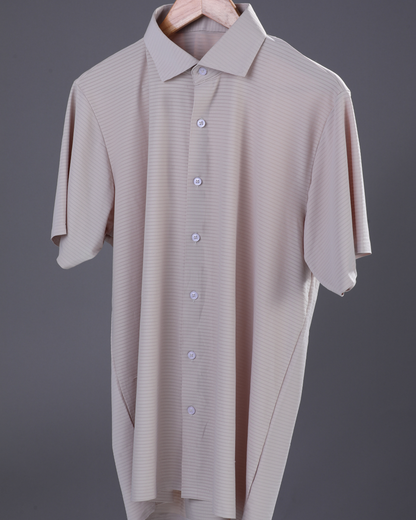 DapperTee beige open polo highlighting professional open collar and premium tailored fit.