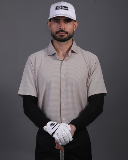 Men's DapperTee beige open polo breathable polyamide fabric for professional office environments.