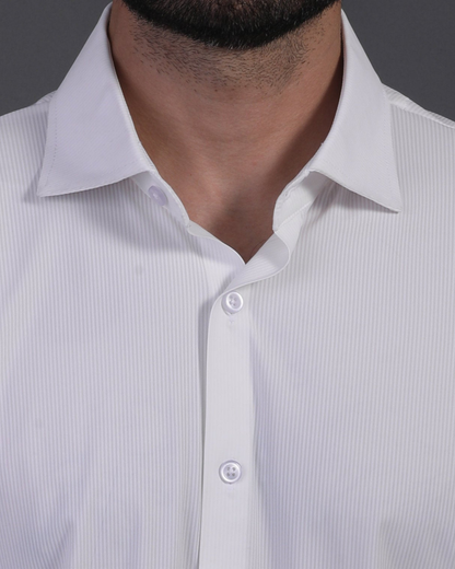 DapperTee white open polo highlighting firm collar and professional high-end tailored fit.