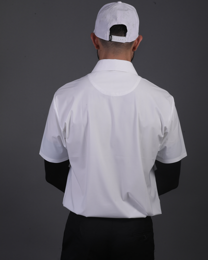 DapperTee white open polo styled for high-end professional environments and corporate leadership.
