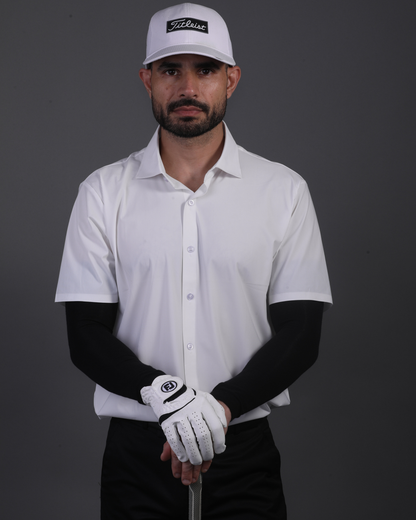 Men's DapperTee white open polo breathable polyamide fabric for professional office environments.