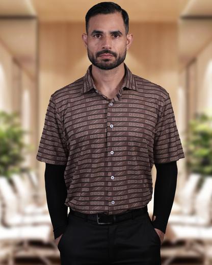 Men's DapperTee brown open polo breathable polyamide fabric for professional office environments.