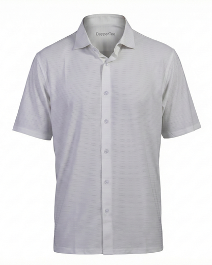 DapperTee Regal basic white dot jacquard open polo professional corporate office attire.