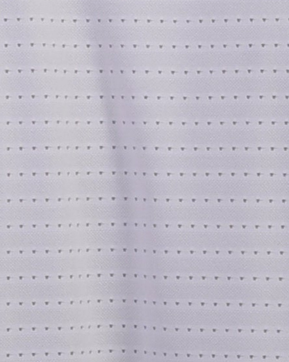 Close-up specialized dot jacquard polyamide fabric texture on DapperTee white office polo.