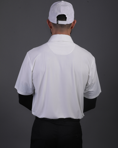 DapperTee white open polo styled for high-end professional environments and corporate leadership.