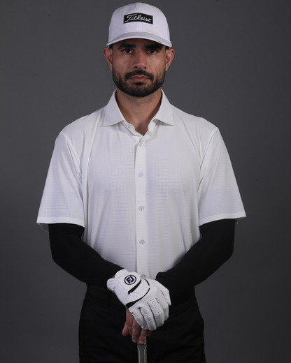 Men's DapperTee white open polo breathable polyamide fabric for professional office environments.