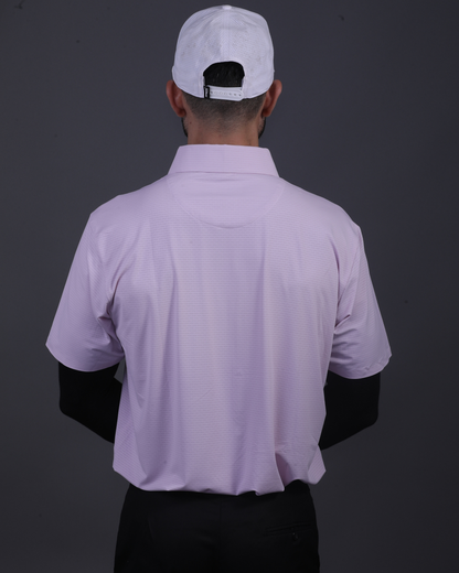 DapperTee pink open polo styled for high-end professional environments and corporate leadership.